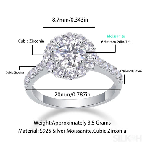 1 Ct Moissanite Sterling Silver Round Cut Halo Engagment