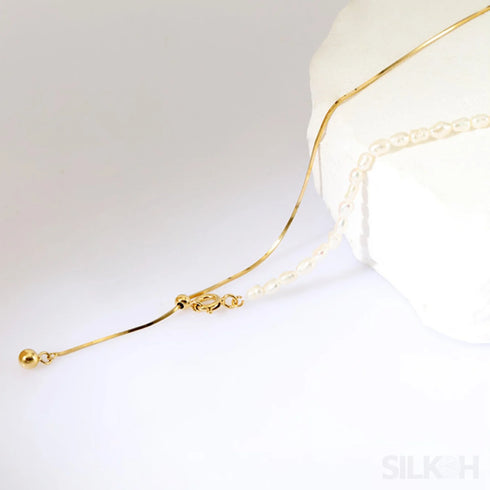 18k Gold Plated Collarbone Necklace with Rice Bead Double
