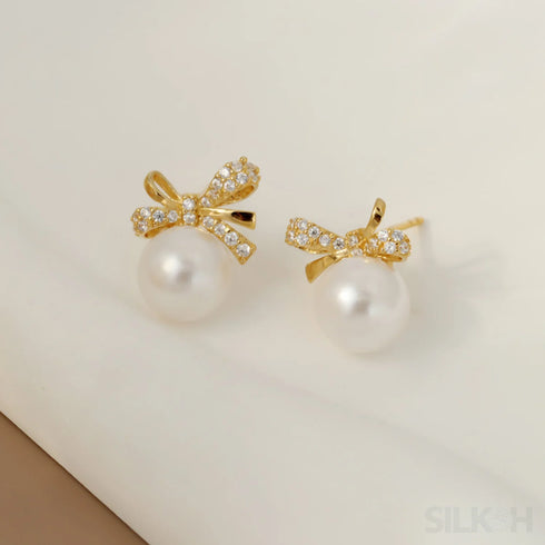 18k Gold Plated Sterling Silver Pearl Bow Earrings Pat