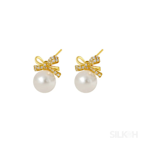 18k Gold Plated Sterling Silver Pearl Bow Earrings Pat