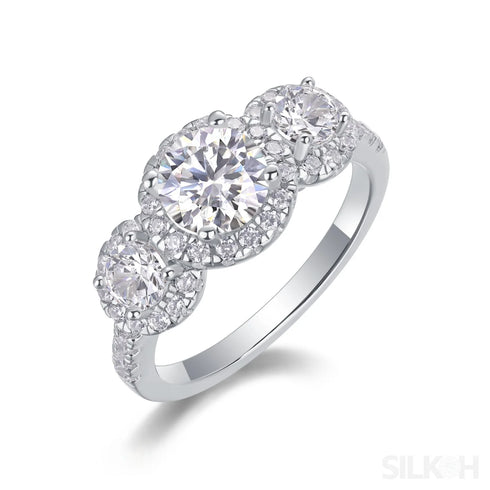 18k Round Moissanite 3 Stone Halo Engagement Ring Alaina