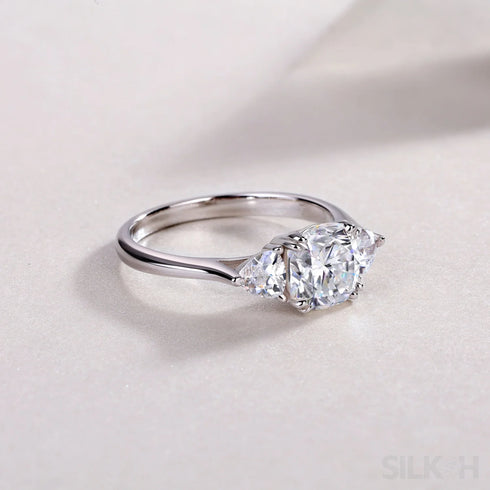 18k White Gold Moissanite 3 Stone Cushion Cut Engagement