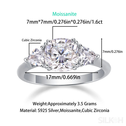 18k White Gold Moissanite 3 Stone Cushion Cut Engagement