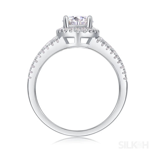 18k White Gold Three Row Split Shank Moissanite Halo