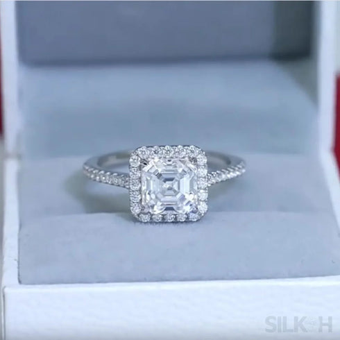 2 Carat Asscher Cut Moissanite Sterling Silver Halo Ring