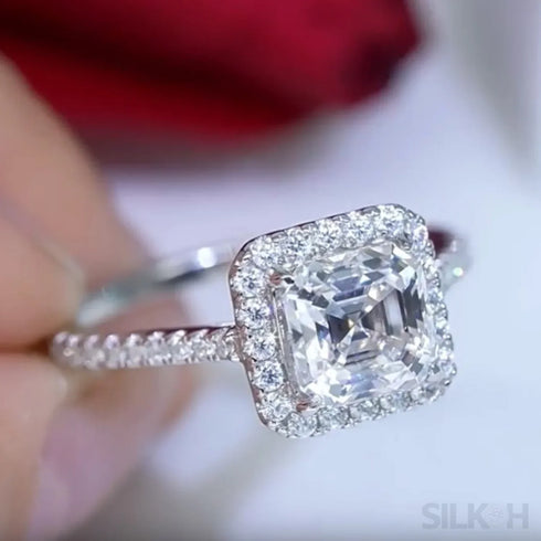 2 Carat Asscher Cut Moissanite Sterling Silver Halo Ring