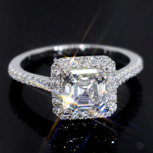2 Carat Asscher Cut Moissanite Sterling Silver Halo Ring