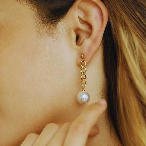 Chain Links 14k Gold Plated Sterling Silver Pearl Dangle