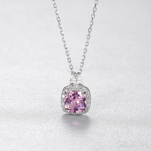 Cushion Cut Sterling Silver Pink Morganite Clavicle Chain