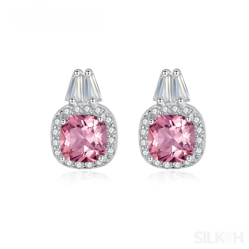 Cushion Cut Sterling Silver Pink Morganite Studs Earrings