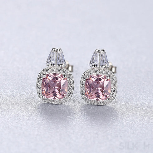 Cushion Cut Sterling Silver Pink Morganite Studs Earrings