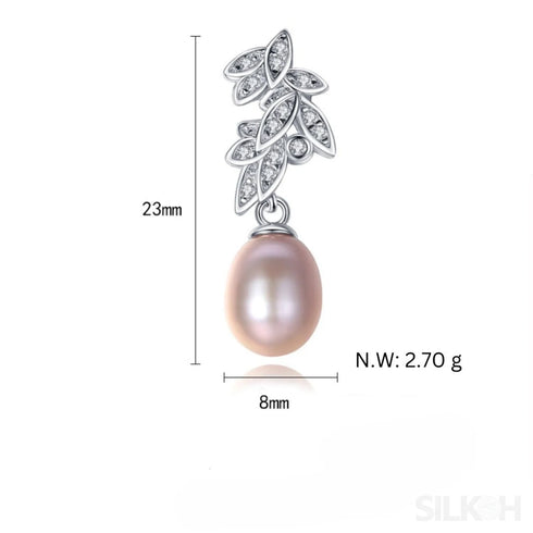 Cz Leaves Sterling Silver Pearl Dangling Earrings Cal