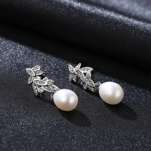 Cz Leaves Sterling Silver Pearl Dangling Earrings Cal