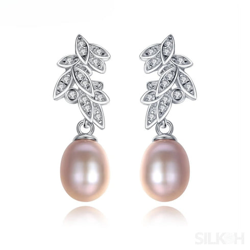 Cz Leaves Sterling Silver Pearl Dangling Earrings Cal