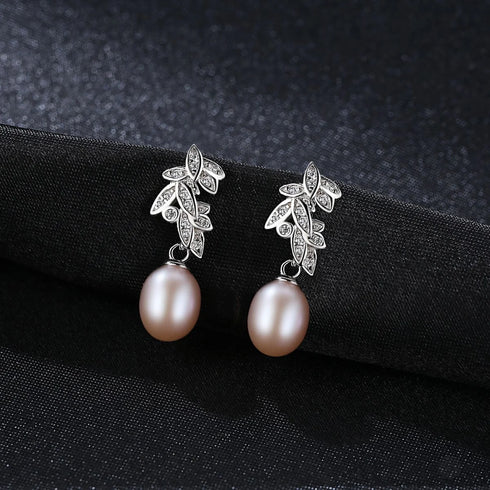 Cz Leaves Sterling Silver Pearl Dangling Earrings Cal