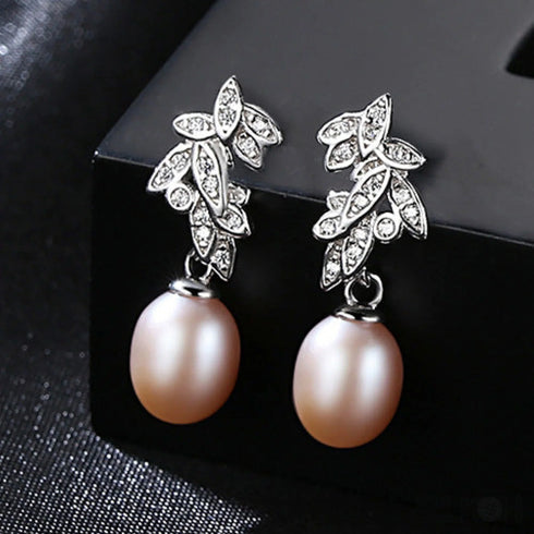 Cz Leaves Sterling Silver Pearl Dangling Earrings Cal