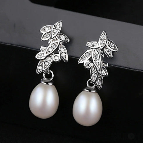 Cz Leaves Sterling Silver Pearl Dangling Earrings Cal
