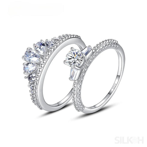 Double Row Sterling Silver Pair Engagement Ring Set Aaliyah