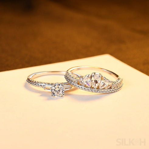 Double Row Sterling Silver Pair Engagement Ring Set Aaliyah