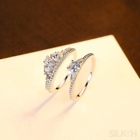 Double Row Sterling Silver Pair Engagement Ring Set Aaliyah