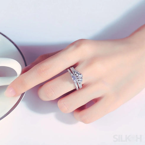 Double Row Sterling Silver Pair Engagement Ring Set Aaliyah