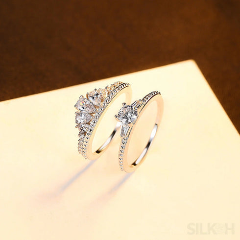 Double Row Sterling Silver Pair Engagement Ring Set Aaliyah