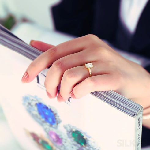 Emerald Cut Zircon Sterling Silver Engagement Ring Ora