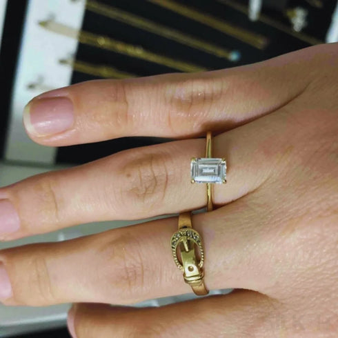 Emerald Cut Zircon Sterling Silver Engagement Ring Ora