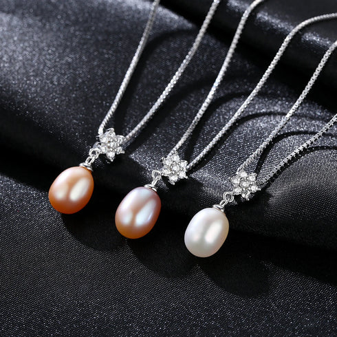 Flower Pendant Sterling Silver Freshwater Pearl Necklace