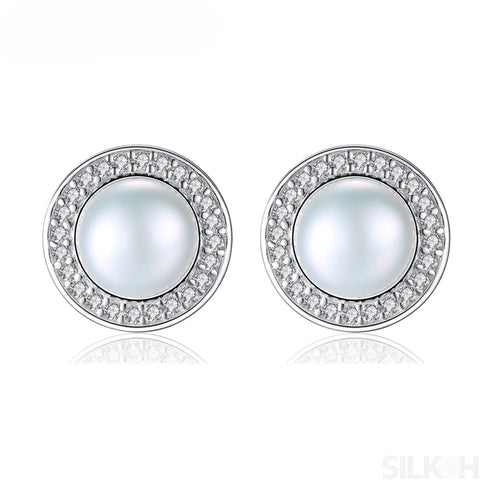 Halo Sterling Silver Natural Pearl Wedding Jewelry Set Ann