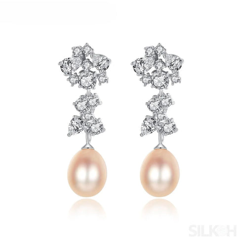 Oval Sterling Silver Long Pearl Drop Earrings for Brides