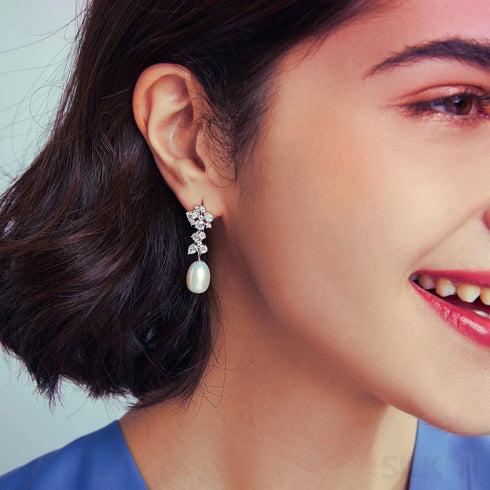 Oval Sterling Silver Long Pearl Drop Earrings for Brides