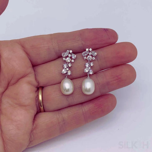 Oval Sterling Silver Long Pearl Drop Earrings for Brides