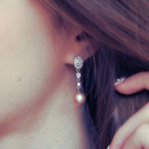 Oval Sterling Silver Long Pearl Earrings for Brides