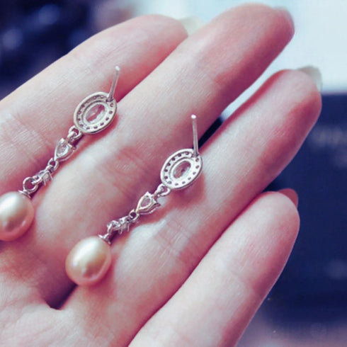 Oval Sterling Silver Long Pearl Earrings for Brides