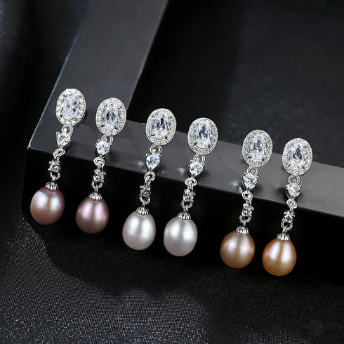 Oval Sterling Silver Long Pearl Earrings for Brides