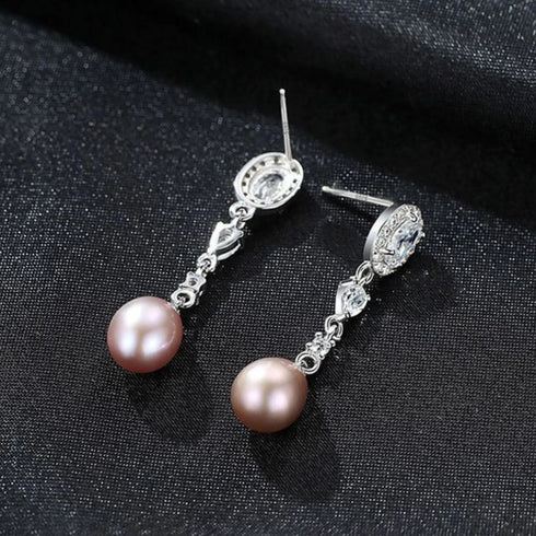 Oval Sterling Silver Long Pearl Earrings for Brides