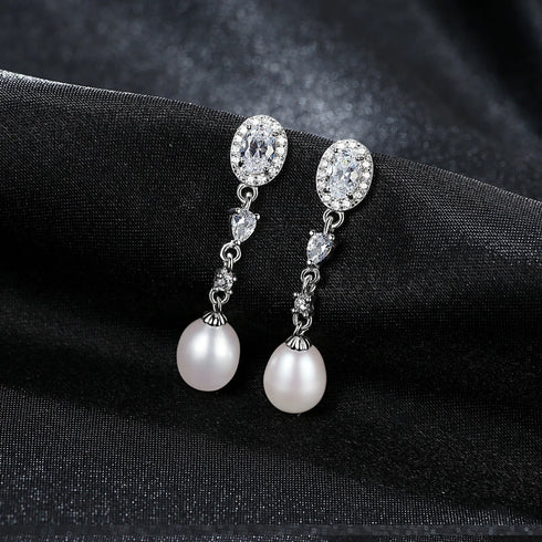Oval Sterling Silver Long Pearl Earrings for Brides