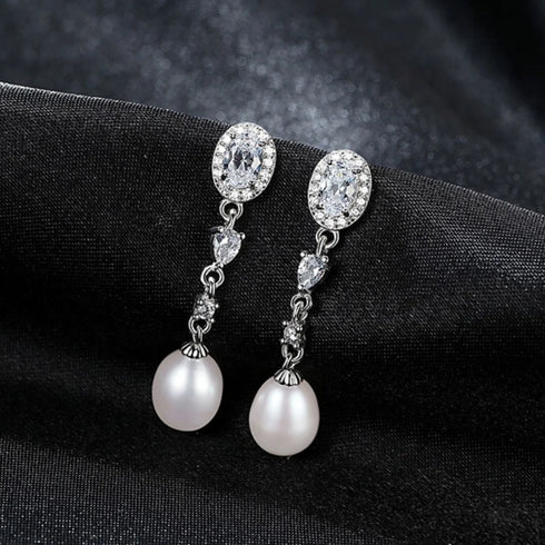 Oval Sterling Silver Long Pearl Earrings for Brides