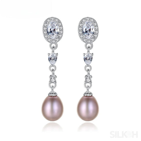 Oval Sterling Silver Long Pearl Earrings for Brides