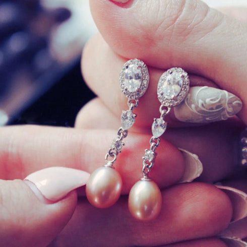 Oval Sterling Silver Long Pearl Earrings for Brides