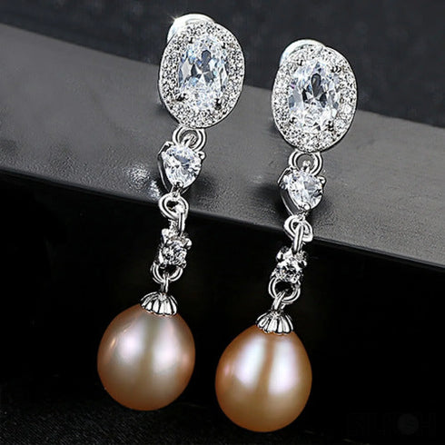 Oval Sterling Silver Long Pearl Earrings for Brides