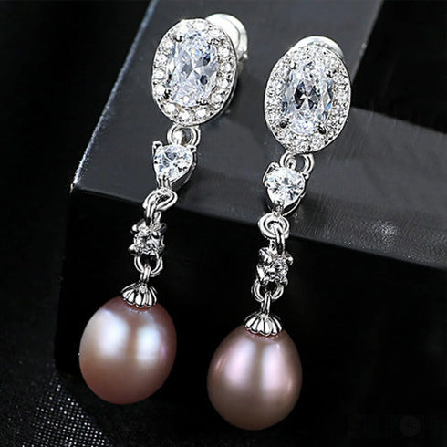 Oval Sterling Silver Long Pearl Earrings for Brides