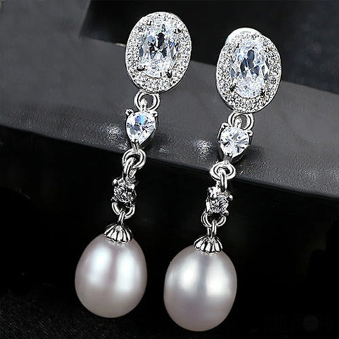 Oval Sterling Silver Long Pearl Earrings for Brides