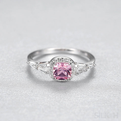 Pink Morganite Cushion Cut Sterling Silver Zircon Ring
