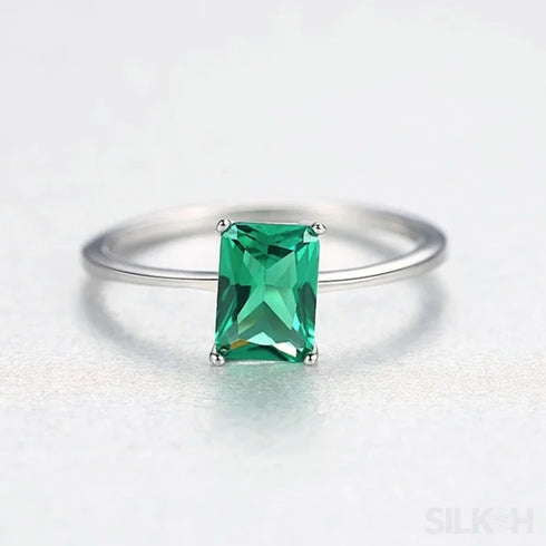 Rectangular Cut Sterling Silver Emerald Ring Athena