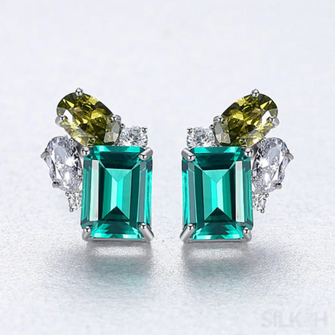 Rectangular Cut Sterling Silver Emerald Studs Earrings Anna