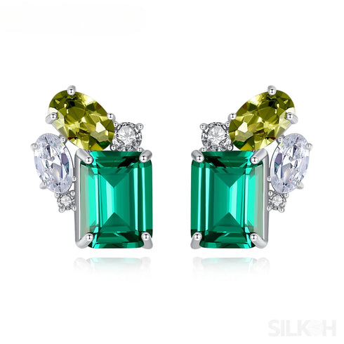 Rectangular Cut Sterling Silver Emerald Studs Earrings Anna