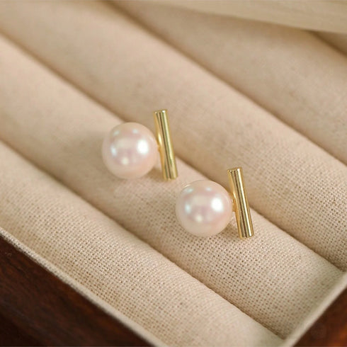 Round 18k Gold Sterling Silver Pearl Stud Bridal Earrings