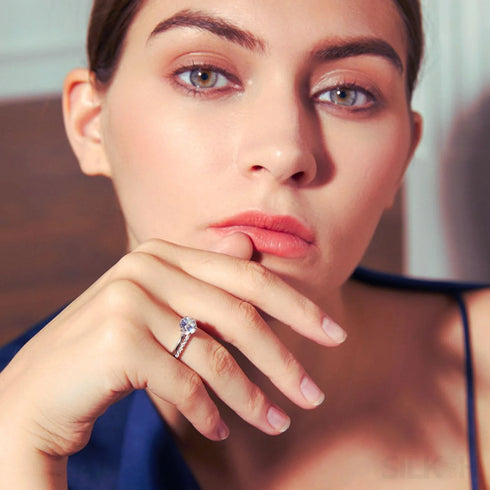 Round Cut Sterling Silver Engagement Ring with Wedding Band